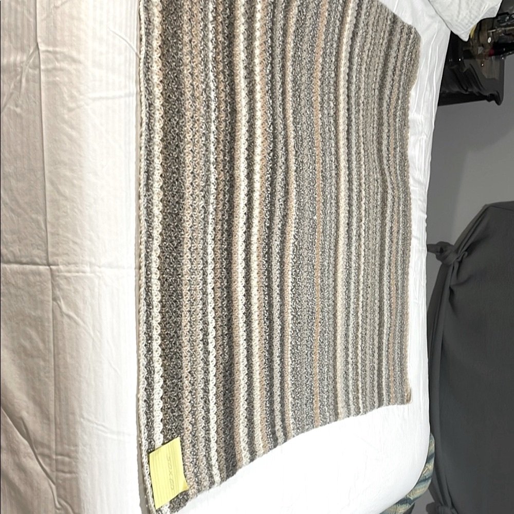 Hand Knitted by owner. Striped Gray and Cream Throw Blanket